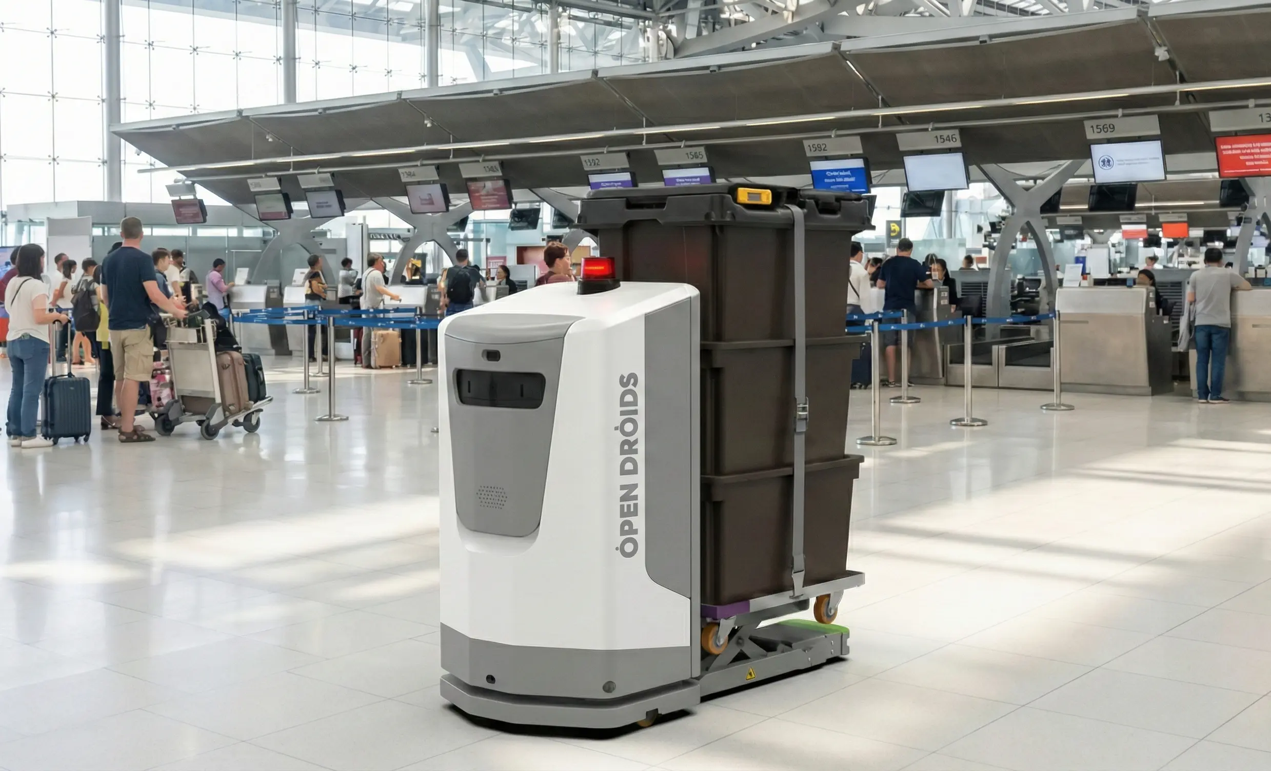 Droid robot cleaning a wide airport concourse floor with gate signage visible