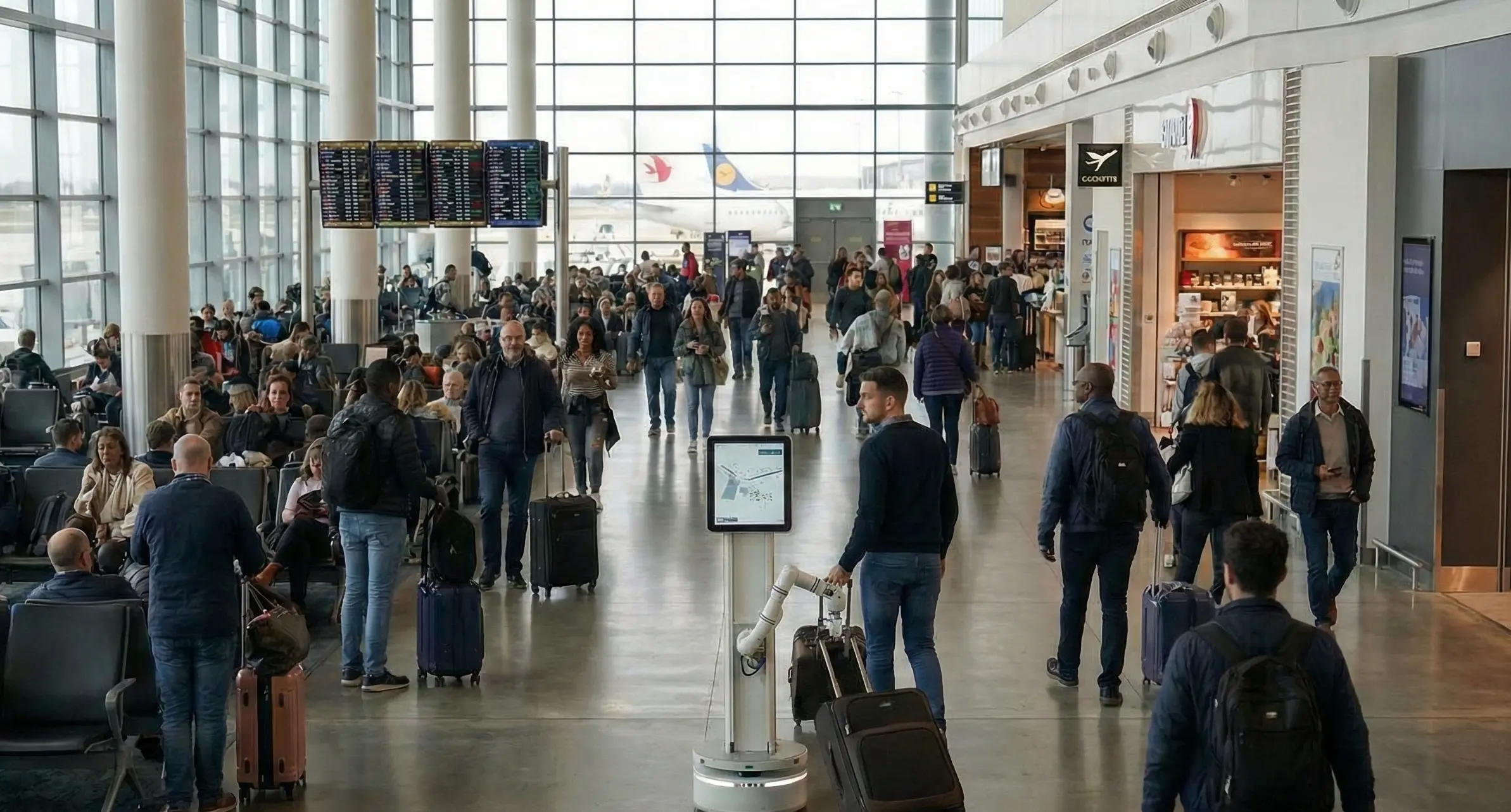 Droid autonomous patrol robot moving through a busy terminal concourse