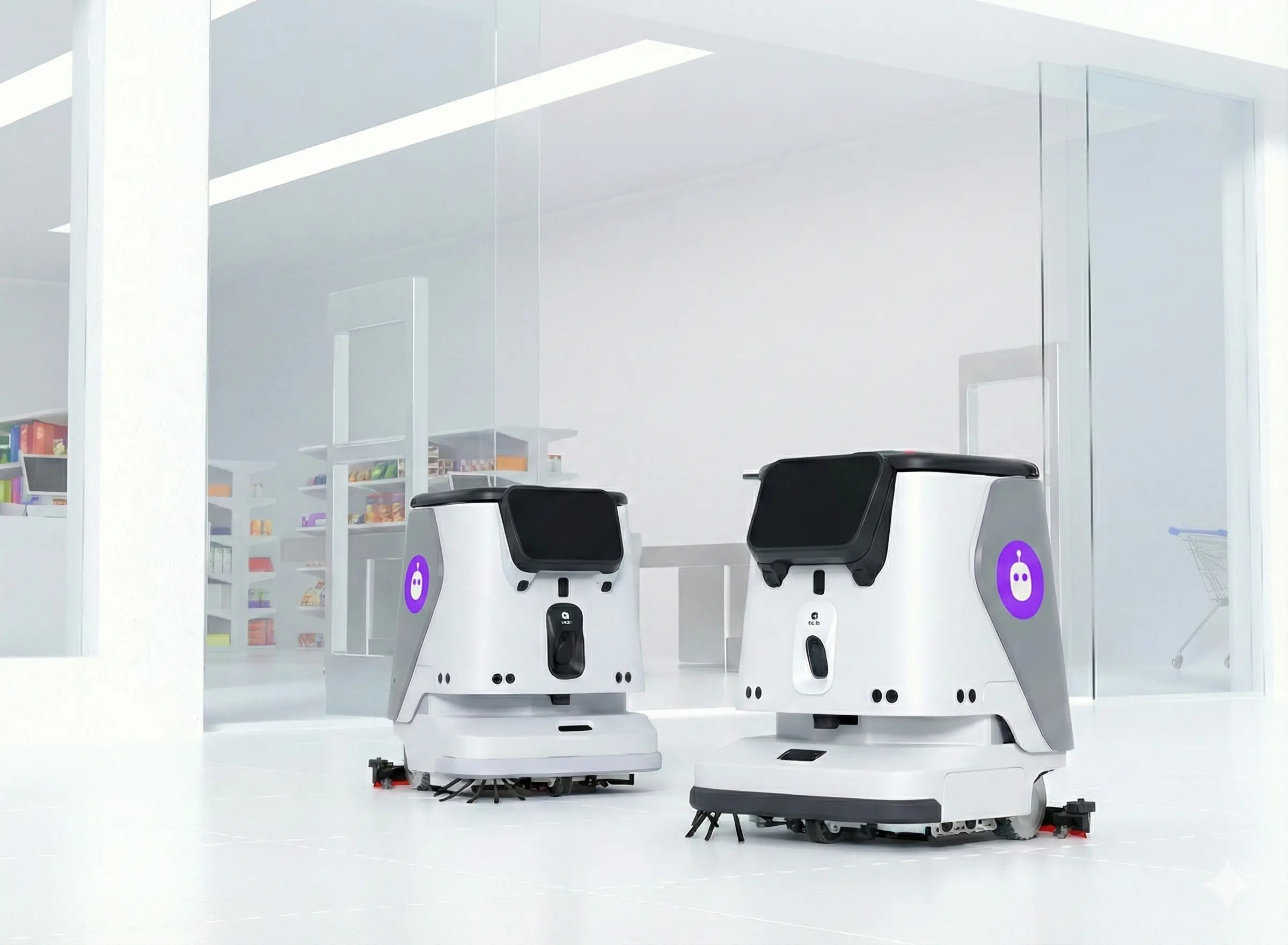 Droid cleaning robot mid-task in a large-format commercial space with staff doing higher-value work in the background