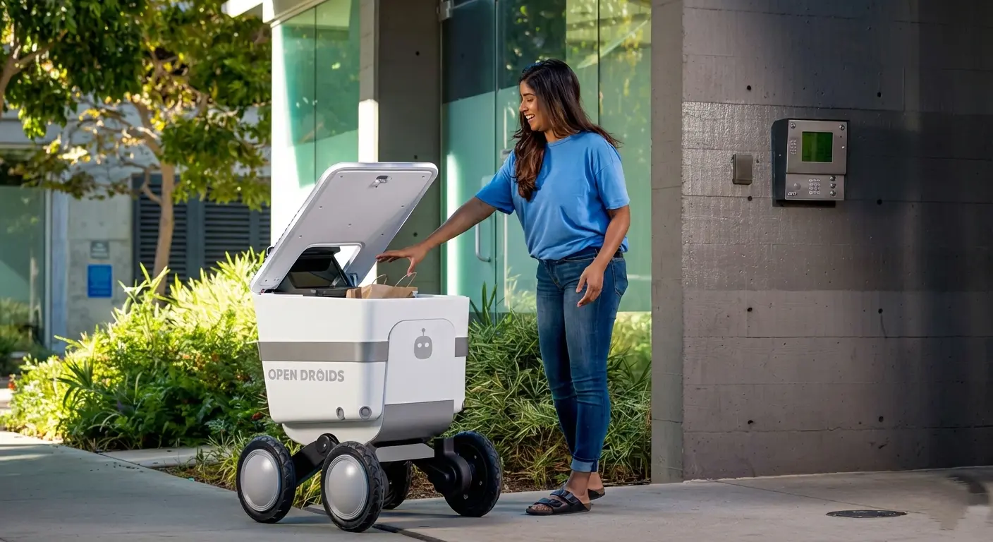 Compact delivery robot in a retail stockroom corridor near boxed inventory