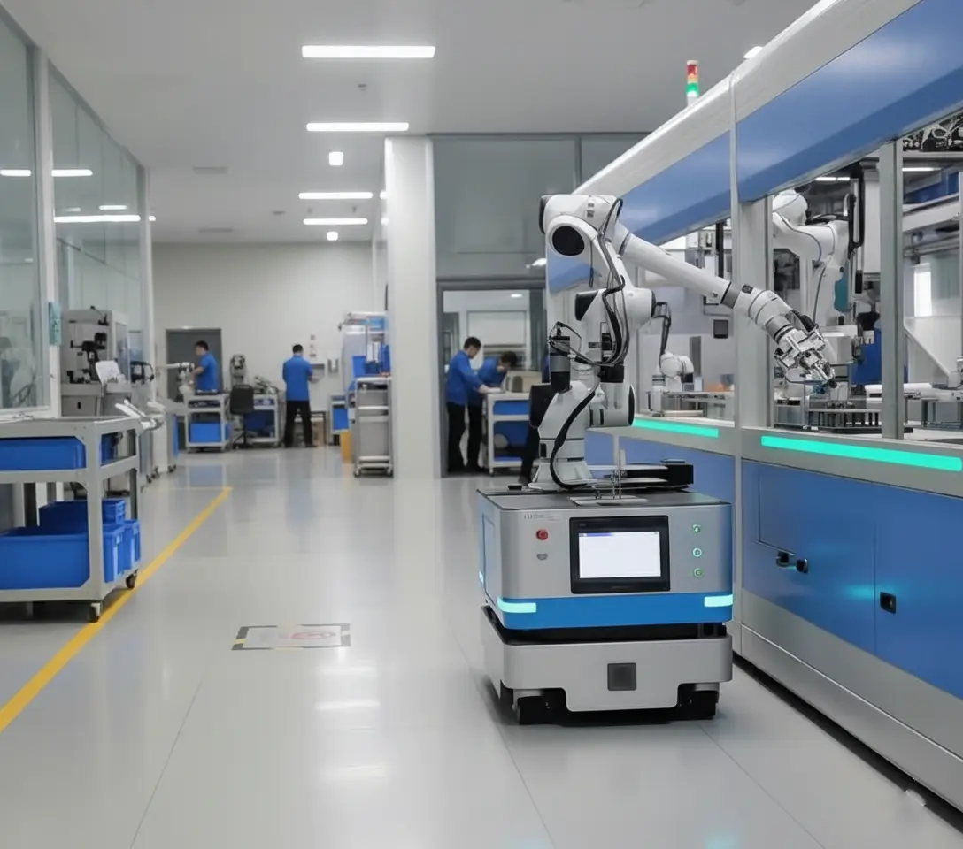 Droid mobile manipulator tending a CNC machine on an after-hours factory floor