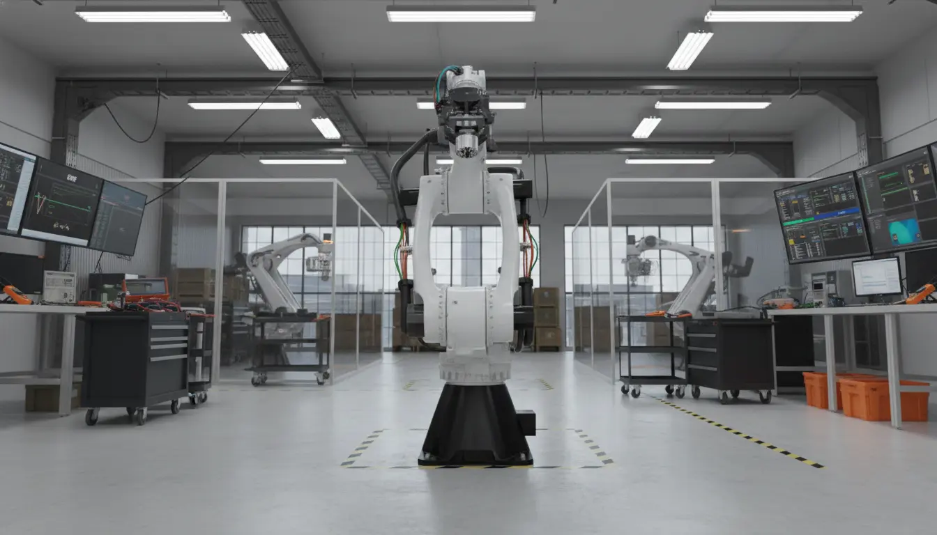 Droid robot inspecting a part mid-transit on a manufacturing floor