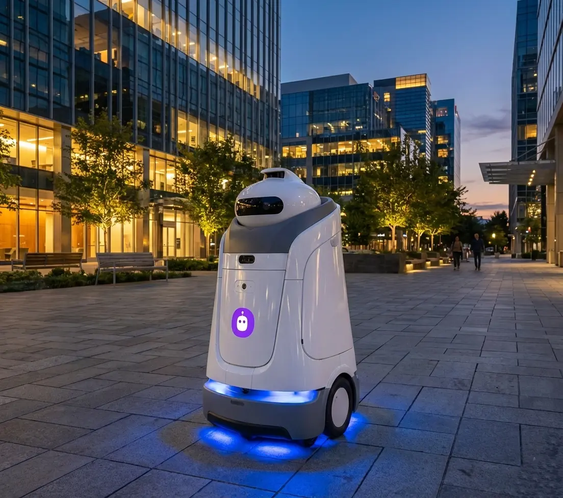 Autonomous patrol robot moving through a retail parking lot