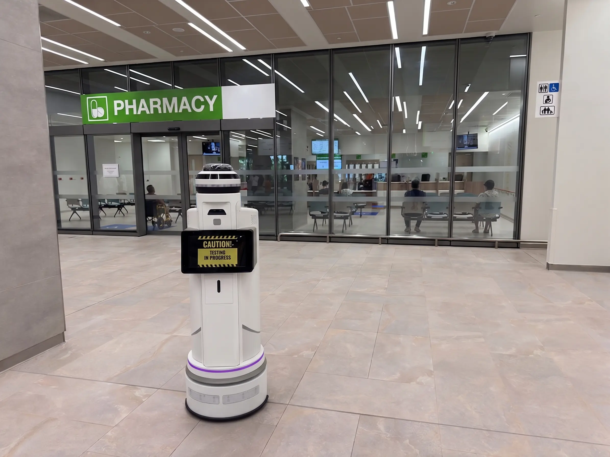 Autonomous security patrol robot in a dark industrial corridor