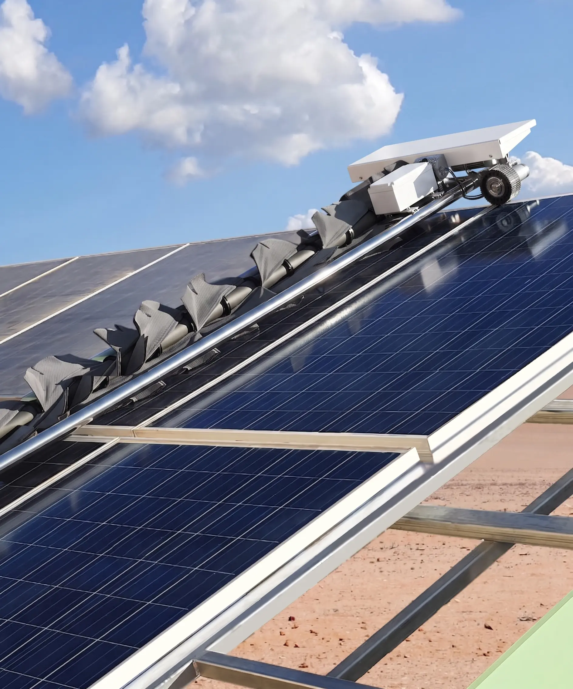 Droid cleaning robot gliding along a row of ground-mount solar panels at dawn with panel rows extending toward the horizon