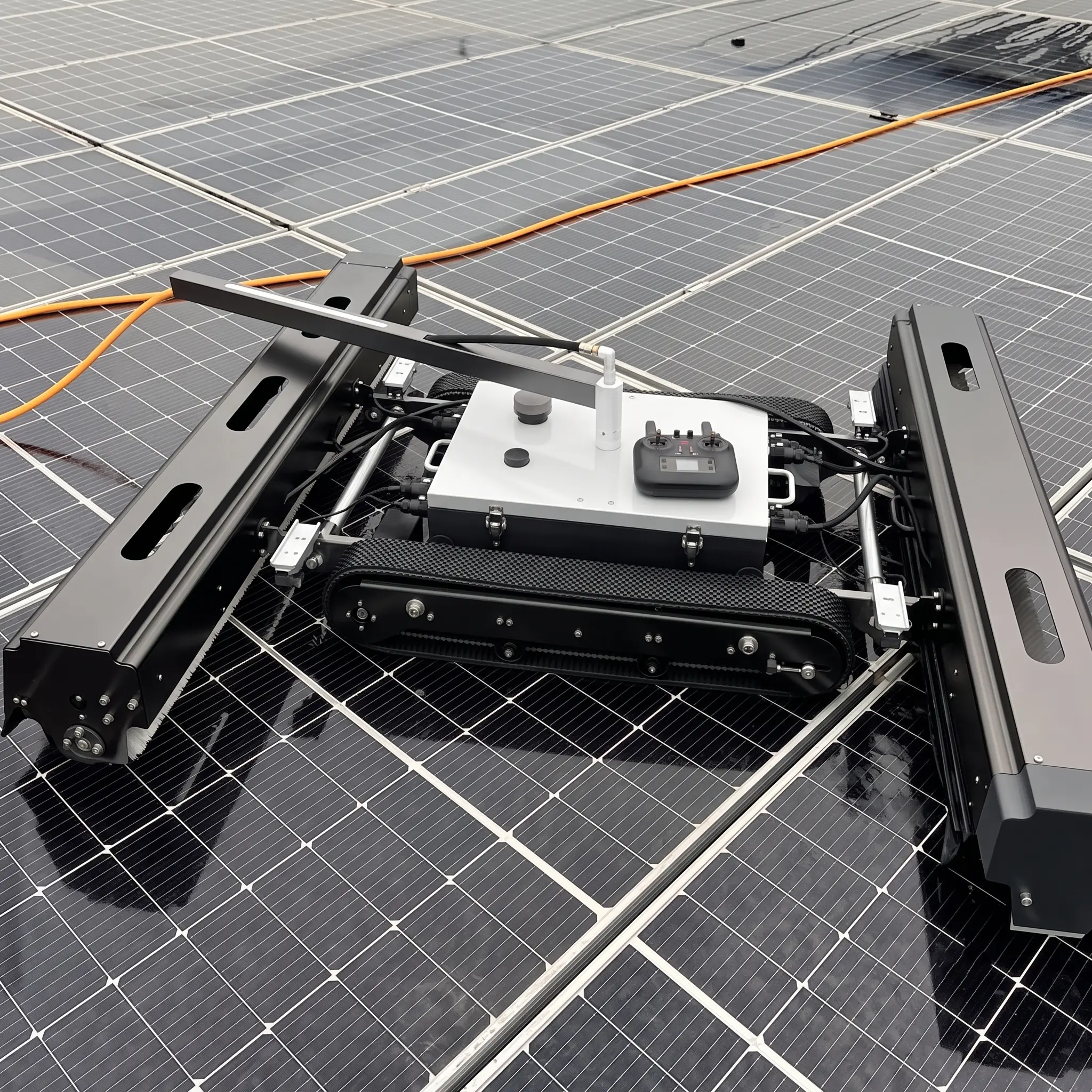 Droid robot on a commercial rooftop solar array with building edge and skyline visible