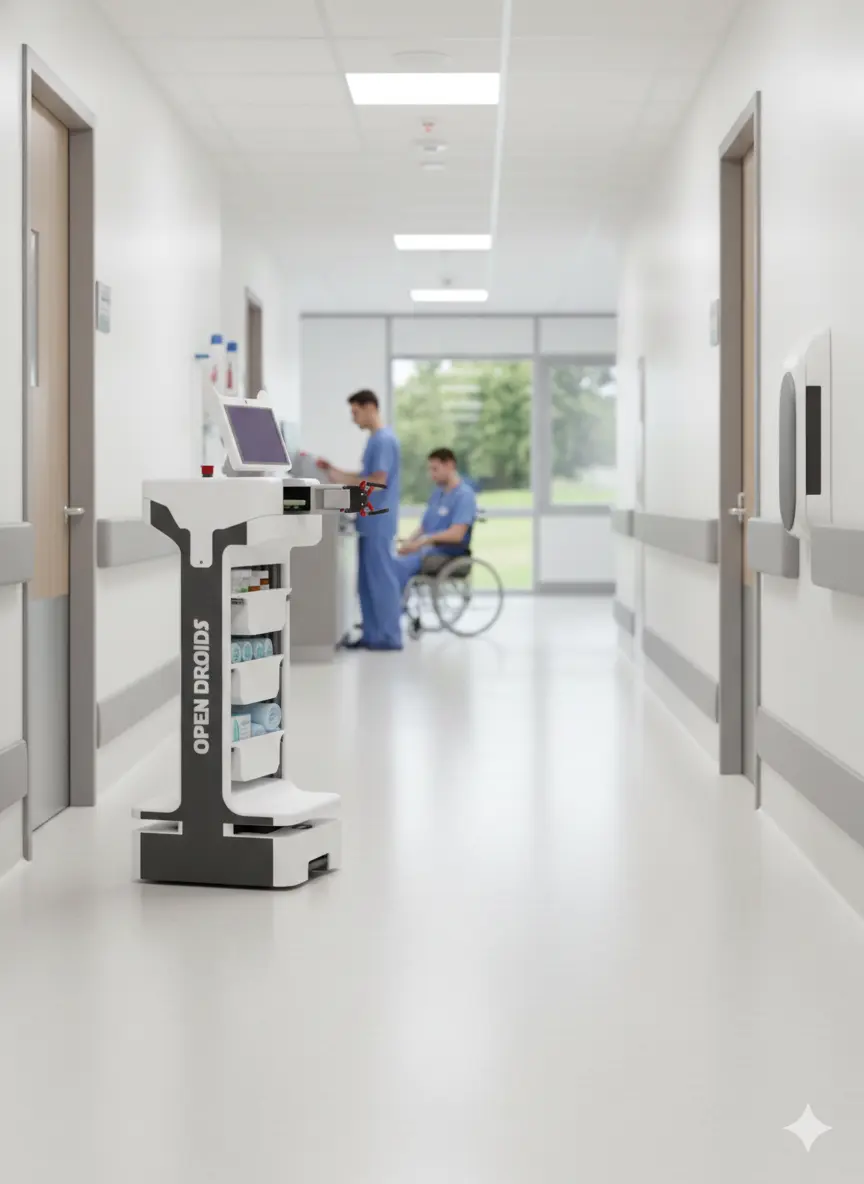 Droid delivery robot at a nursing station with secure medication compartment