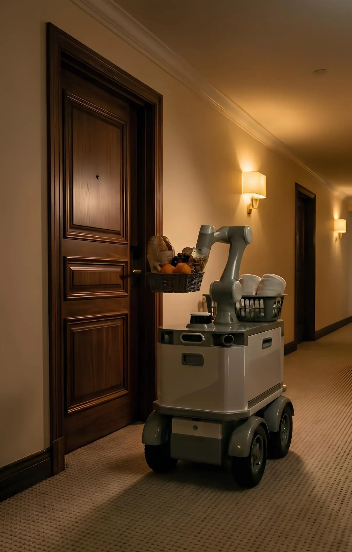 Droid hospitality robot delivering to a hotel guest room