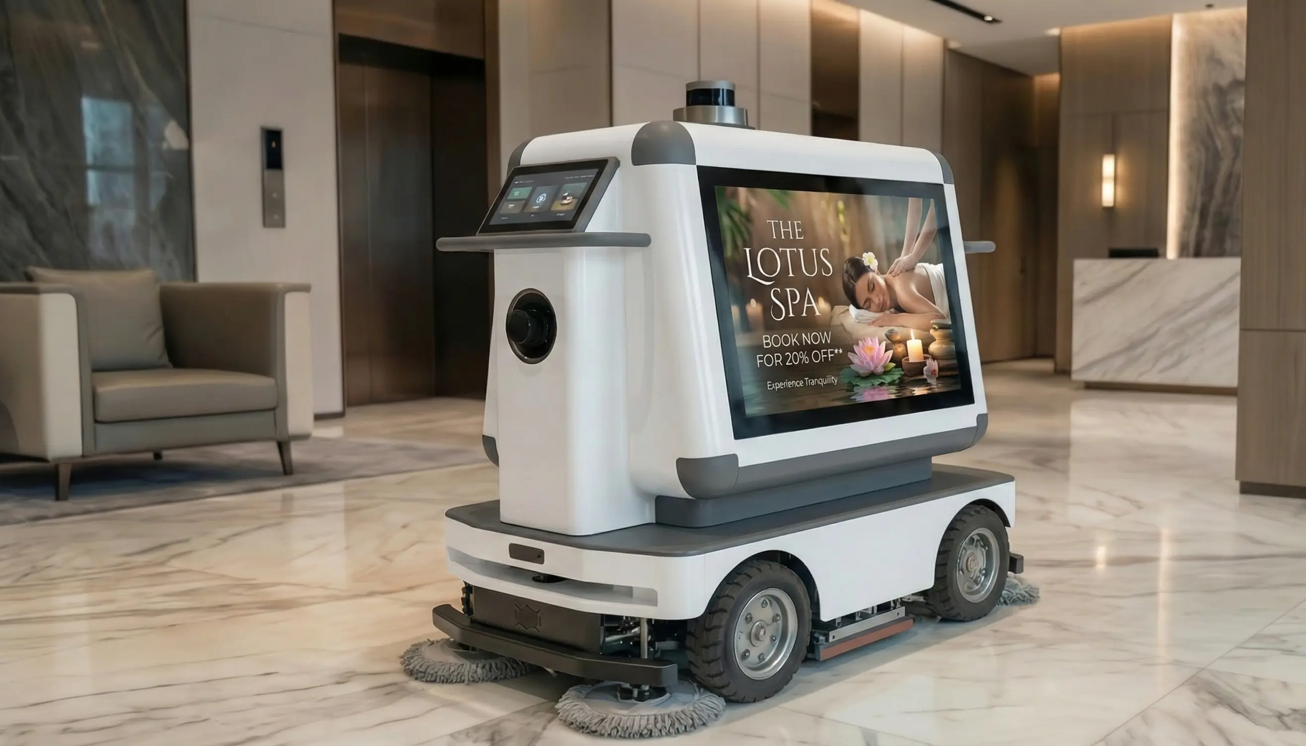 Droid hospitality robot operating alongside hotel staff