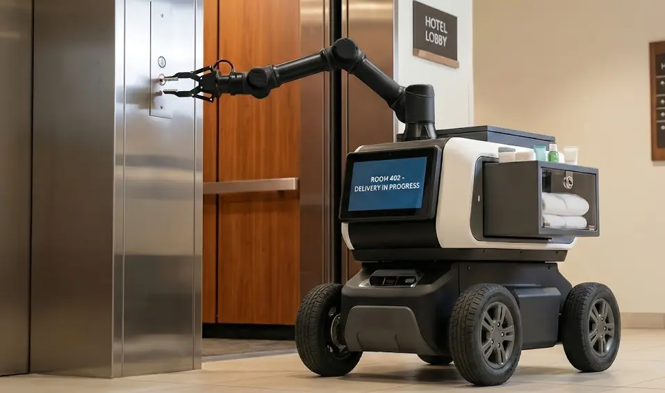 Droid delivery robot exiting a hotel elevator into a warmly lit corridor carrying a guest order