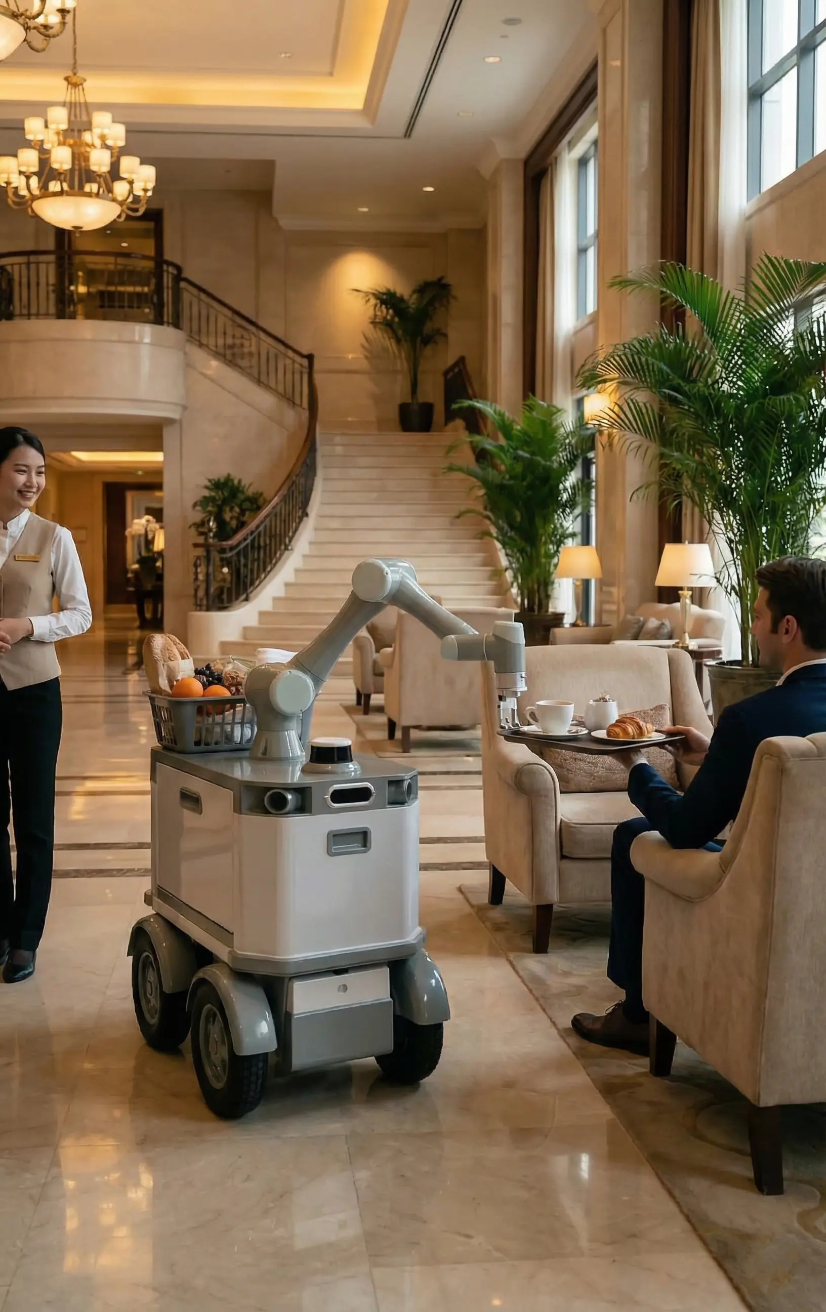 Droid service robot navigating a hotel breakfast buffet area between tables in warm morning light