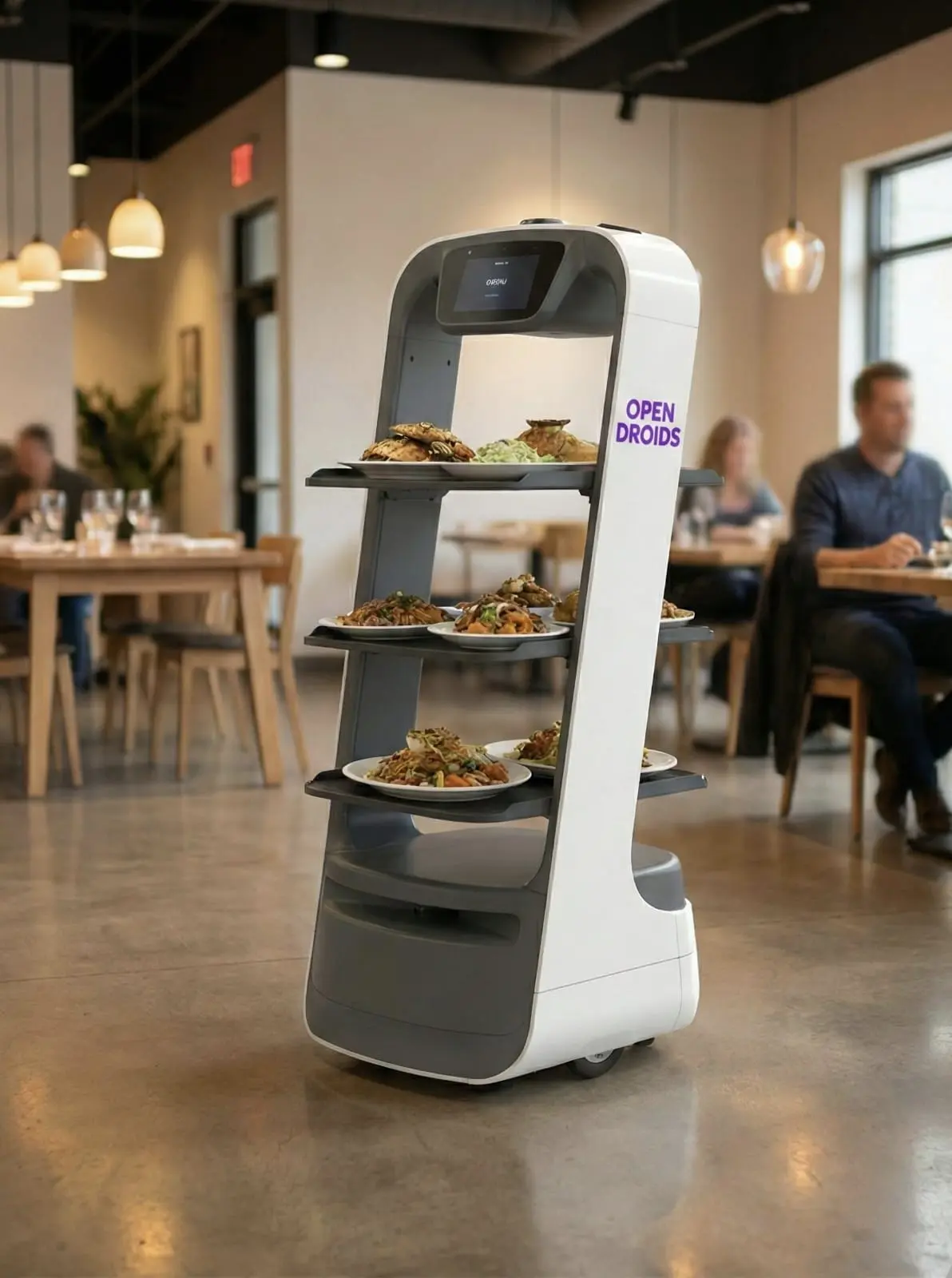 Droid delivery robot carrying trays through a busy restaurant dining room