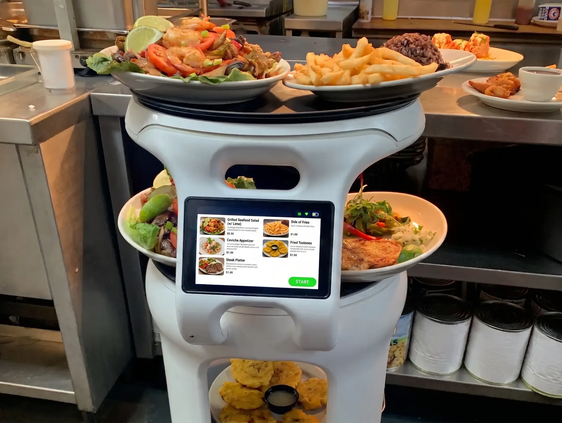 Droid restaurant robot in a hospitality dining environment