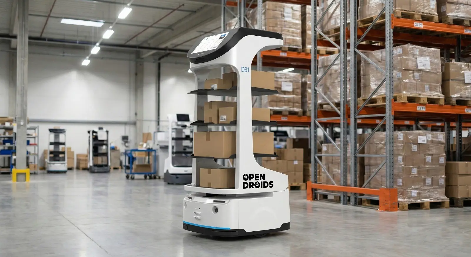 Droid picking AMR at a racking aisle with a worker scanning an item from the robot tote