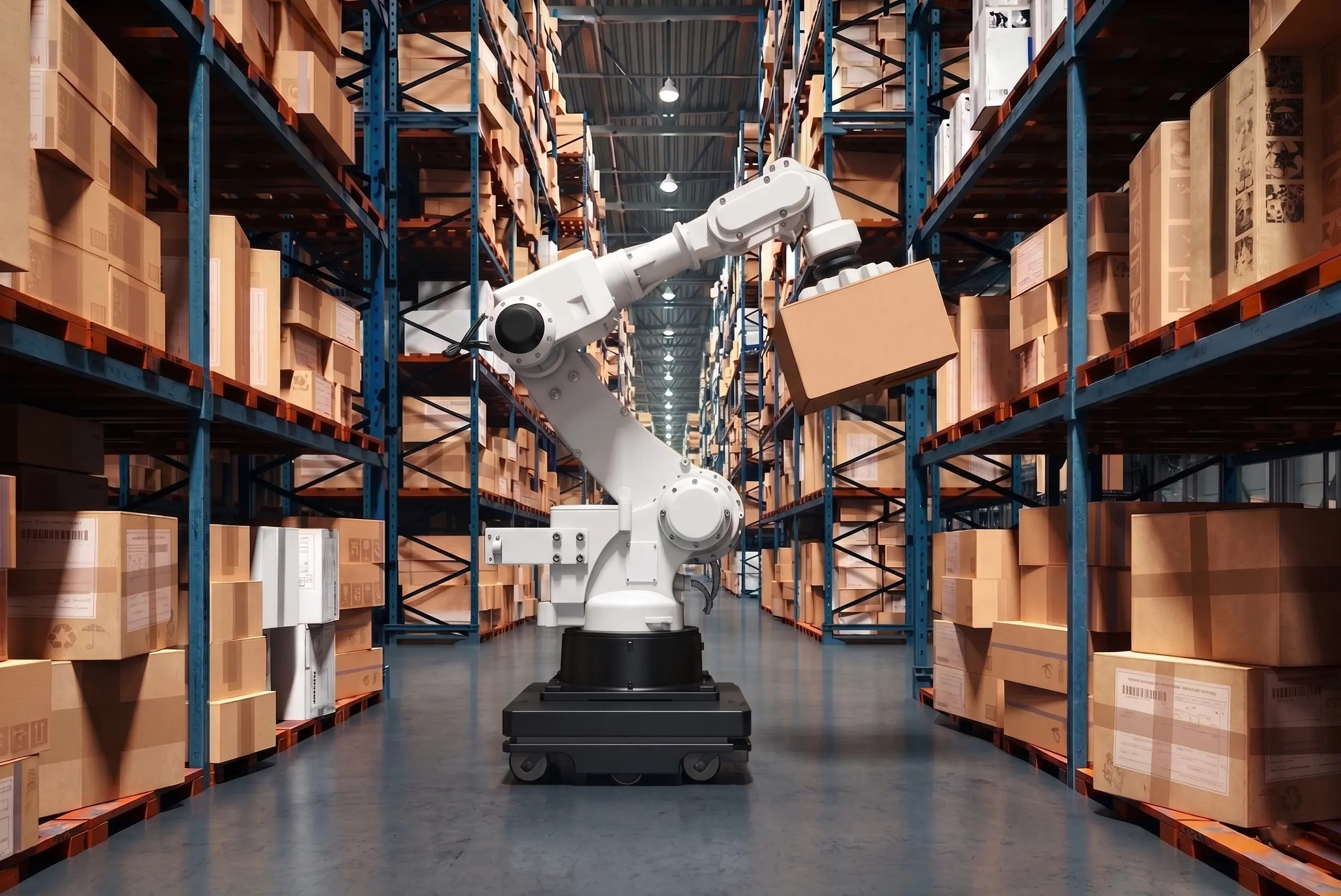 Droid monitoring robot in a dim warehouse aisle during night shift