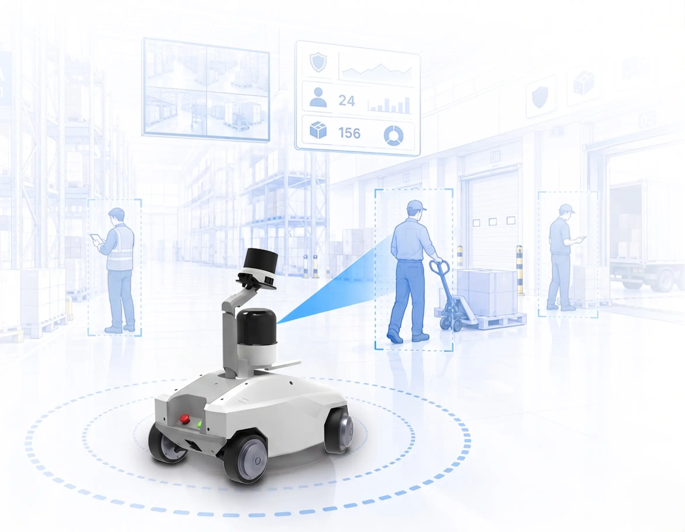 Droid autonomous mobile robot in a warehouse aisle