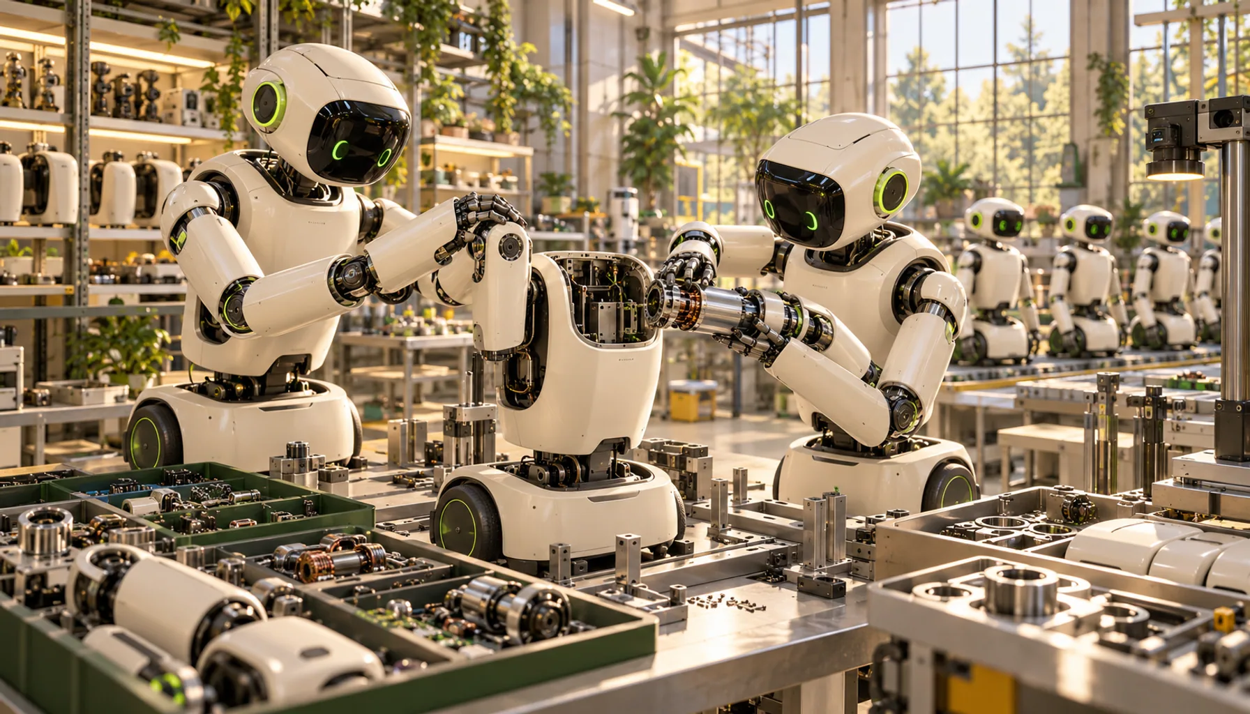 Concept illustration of two ivory dual-arm droids assembling another droid in a sunlit robotics workshop.