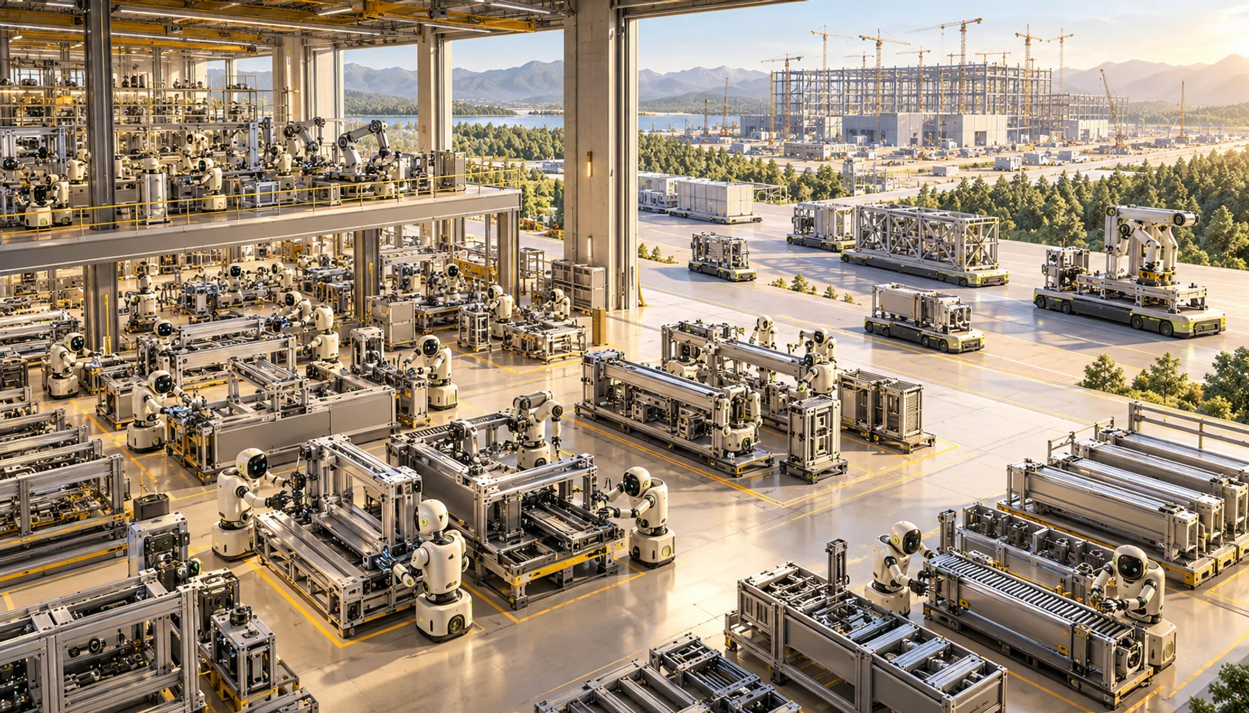 Concept illustration of a robotic factory making machine tools and production modules for another factory under construction.