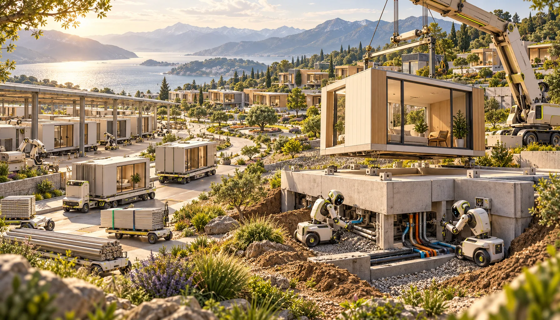 Concept illustration of droids connecting utilities and an autonomous crane installing modular homes around a green courtyard.
