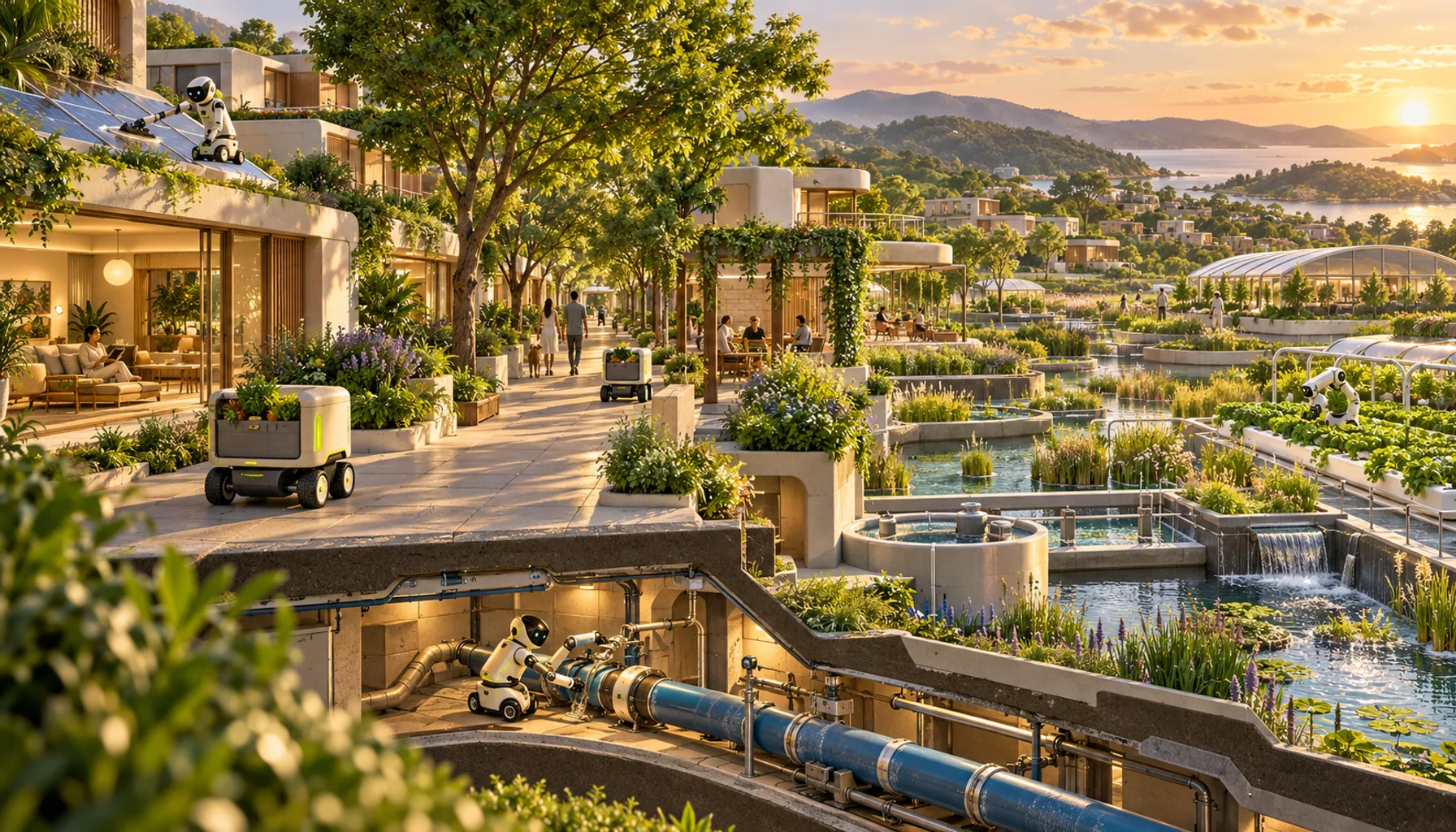 Concept cutaway of a garden city with delivery robots, robotic pipe maintenance, greenhouses, and residents relaxing outdoors.