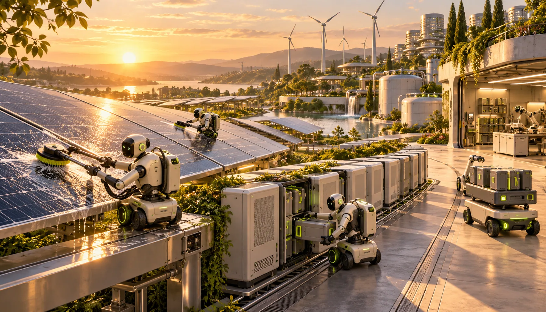 Concept illustration of droids maintaining solar panels and battery systems beside a renewable-powered garden city.