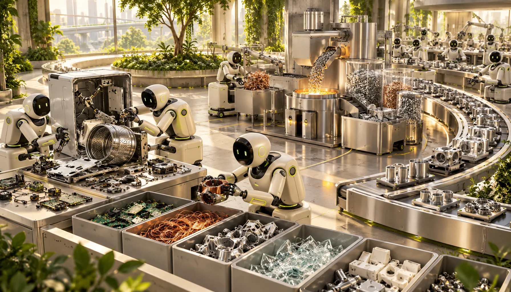 Concept illustration of droids disassembling an appliance, sorting recovered metals, and returning reusable material to manufacturing.