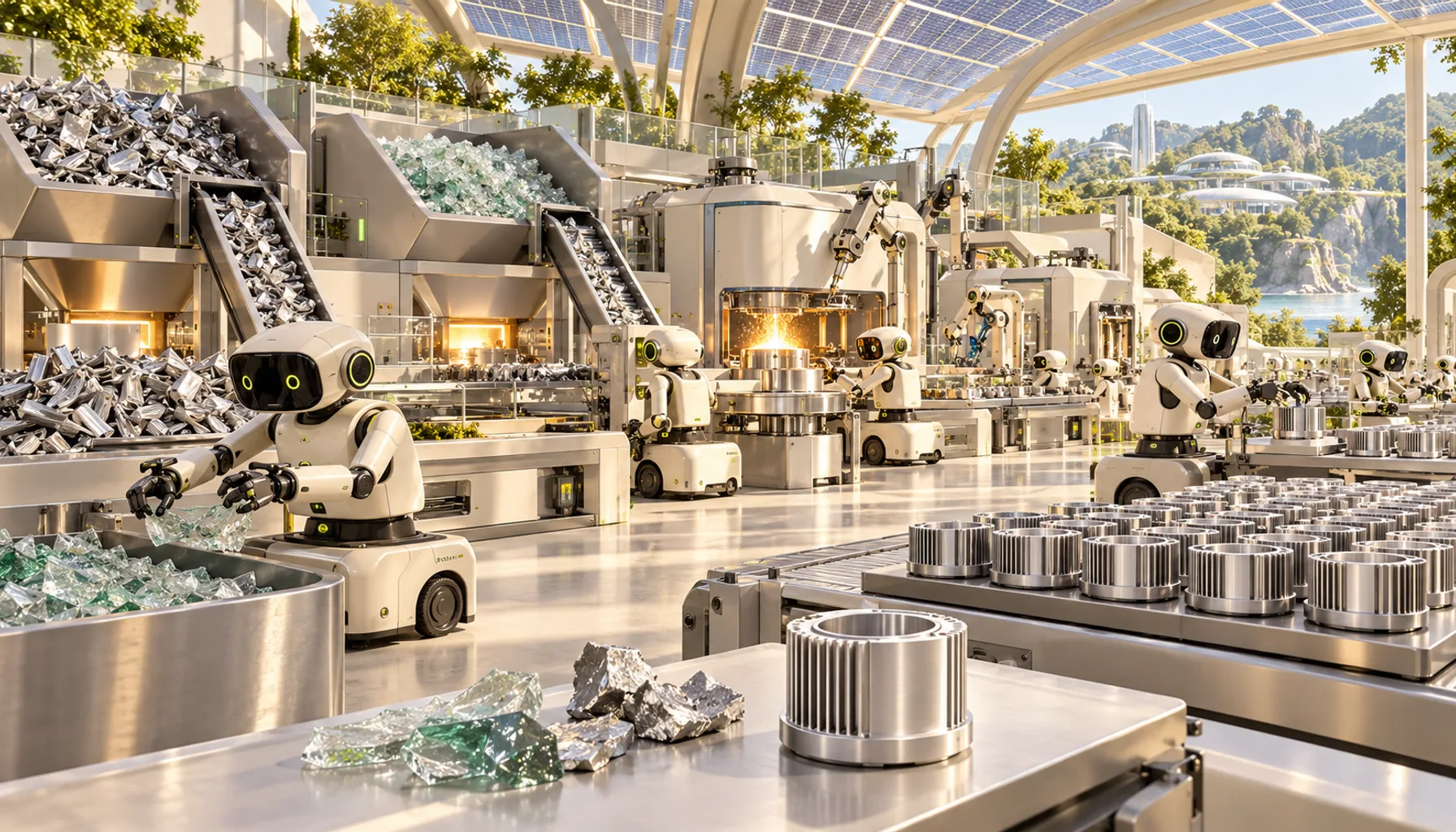 Concept illustration of a solar-powered automated line turning recovered aluminum and glass into durable, precisely made household components.