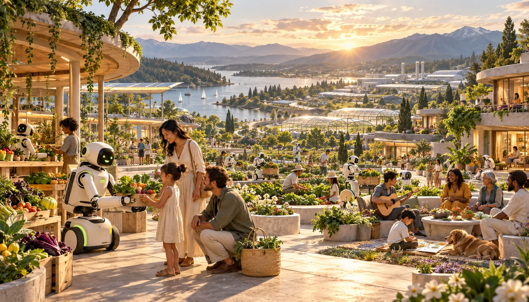 An imagined garden city supported by droids, with people free to create, play, and spend time together